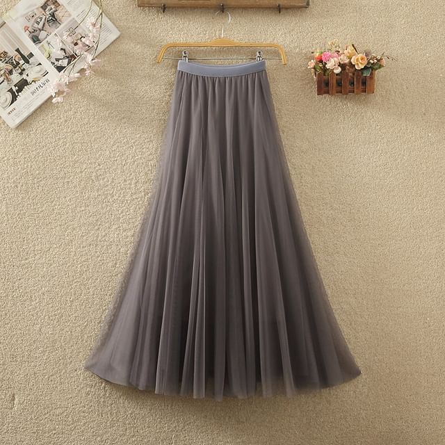 Elastic Waist Mesh A-Line Skirt with Multiple Patterns