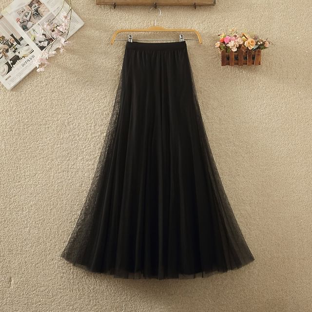 Elastic Waist Mesh A-Line Skirt with Multiple Patterns