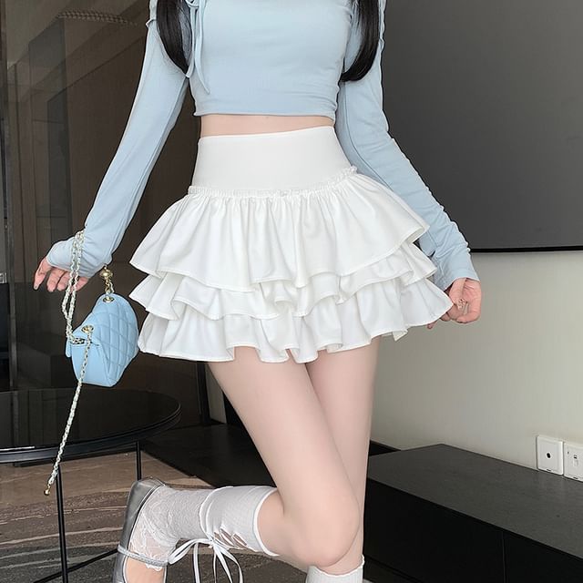 Sophisticated Solid Tiered Mini Skirt with High Waist