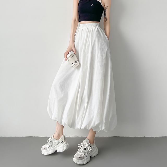 Elegant Solid Midi Flared Skirt with High Waist