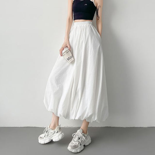 Elegant Solid Midi Flared Skirt with High Waist
