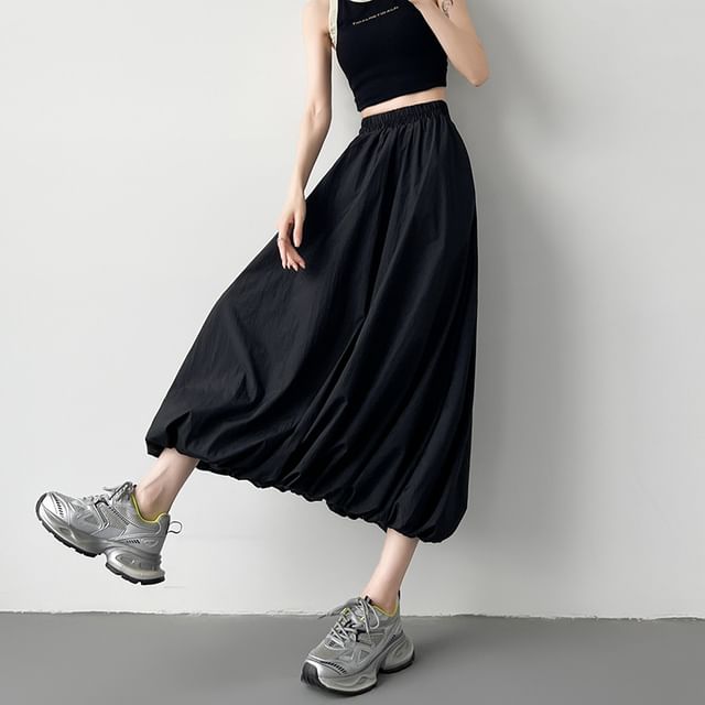 Elegant Solid Midi Flared Skirt with High Waist