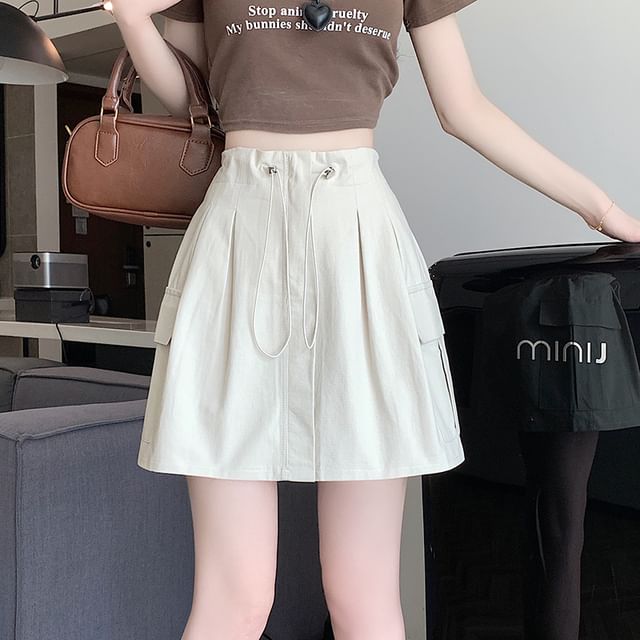 Drawstring Cargo Mini Flared Skirt with High Rise