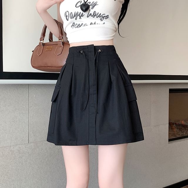 Drawstring Cargo Mini Flared Skirt with High Rise