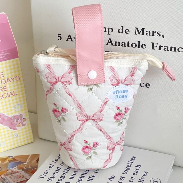 Bow Floral Print Standing Makeup Bag / Pencil Case