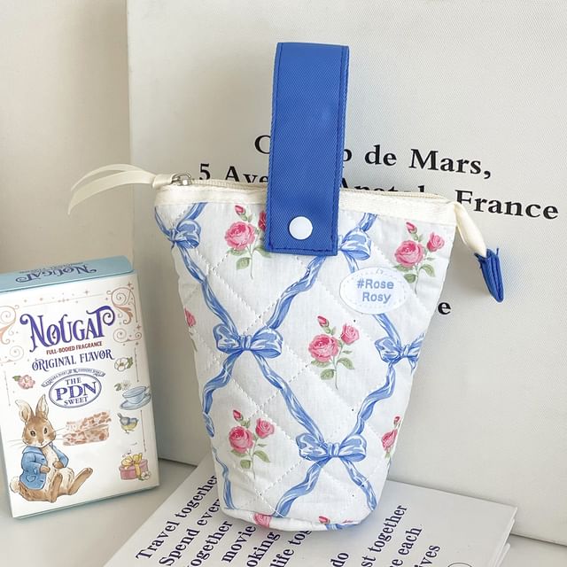 Bow Floral Print Standing Makeup Bag / Pencil Case