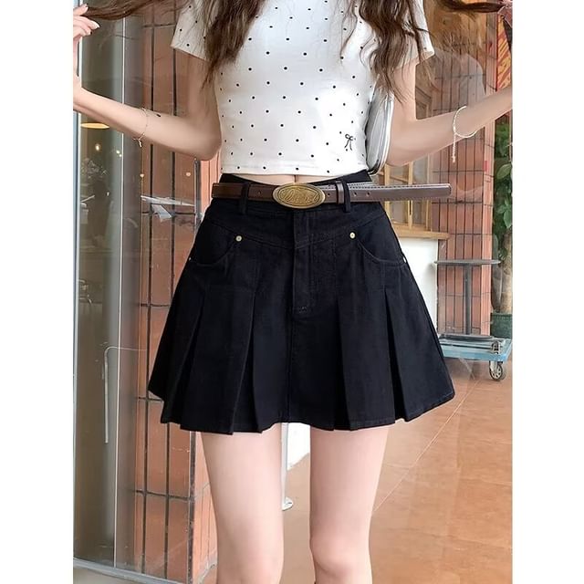 Pleated Denim Mini Skirt with High Rise
