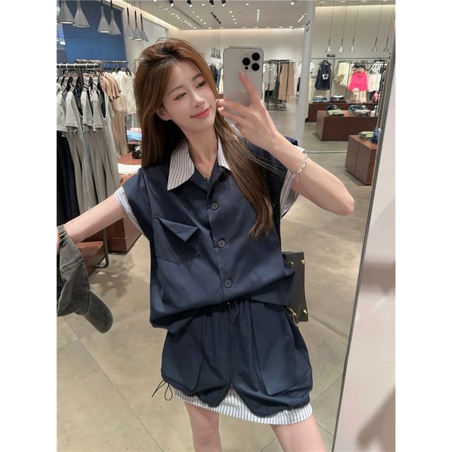 Striped Cap-Sleeve Blouse with Zipped Cargo Mini Skirt