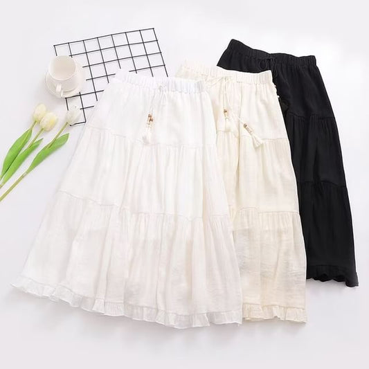 Frill-Trimmed Solid Midi Flared Skirt with High Rise
