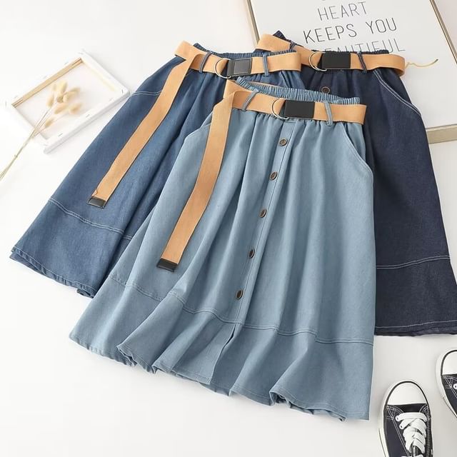 Elastic Waist Denim Midi Skirt with Button Accent and Belt