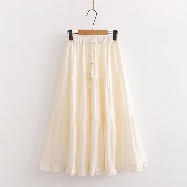 Frill-Trimmed Solid Midi Flared Skirt with High Rise