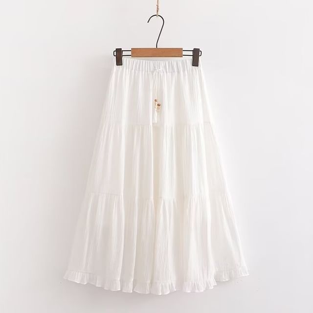 Frill-Trimmed Solid Midi Flared Skirt with High Rise