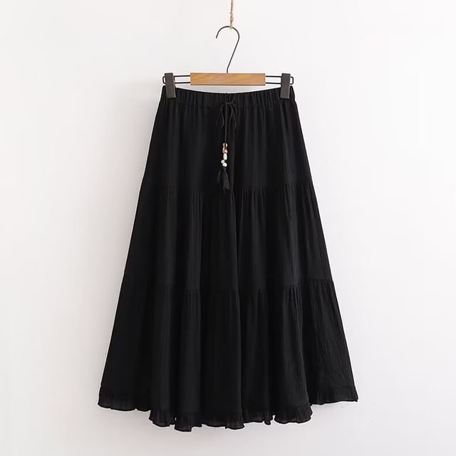 Frill-Trimmed Solid Midi Flared Skirt with High Rise