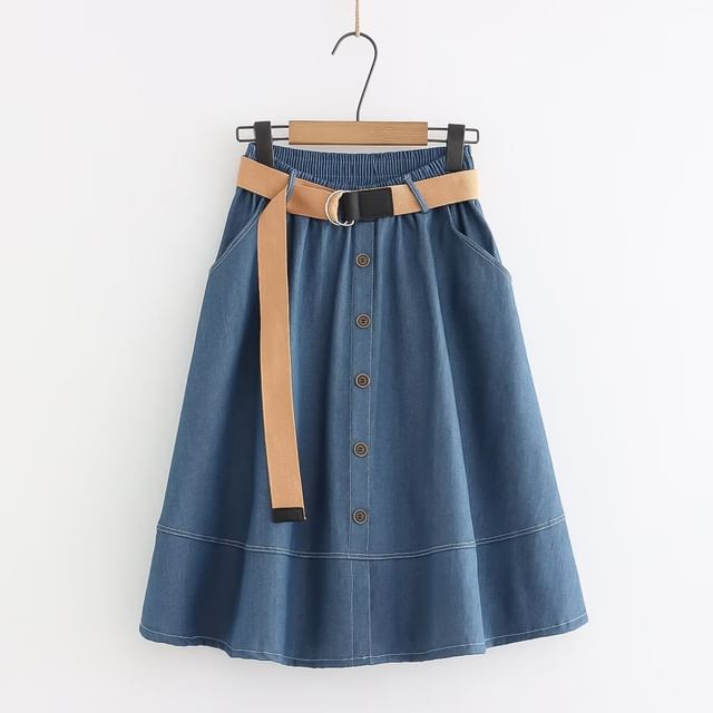 Elastic Waist Denim Midi Skirt with Button Accent and Belt