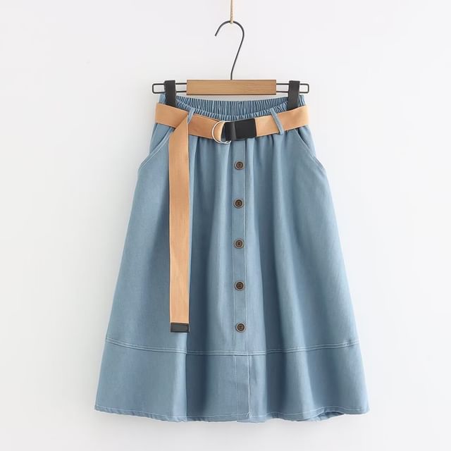 Elastic Waist Denim Midi Skirt with Button Accent and Belt
