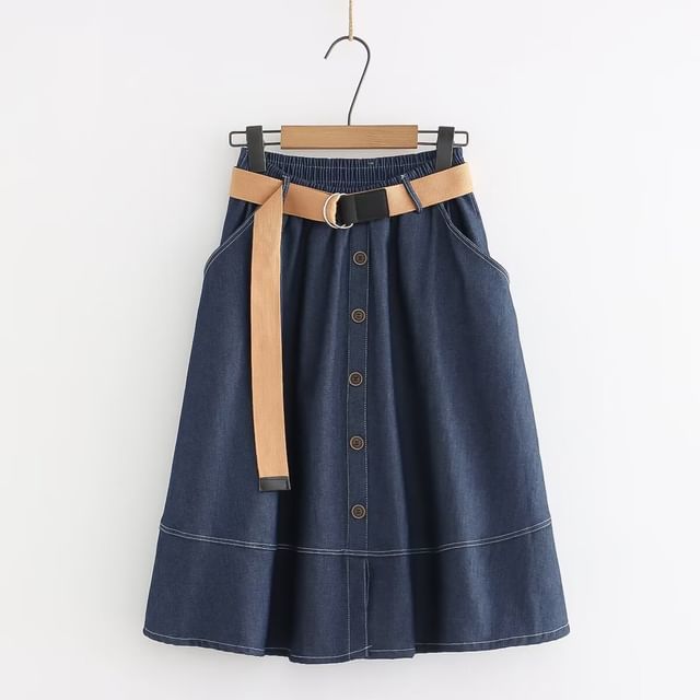 Elastic Waist Denim Midi Skirt with Button Accent and Belt