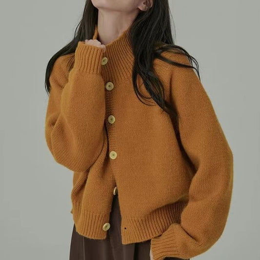 Mock Neck Plain Button Cardigan