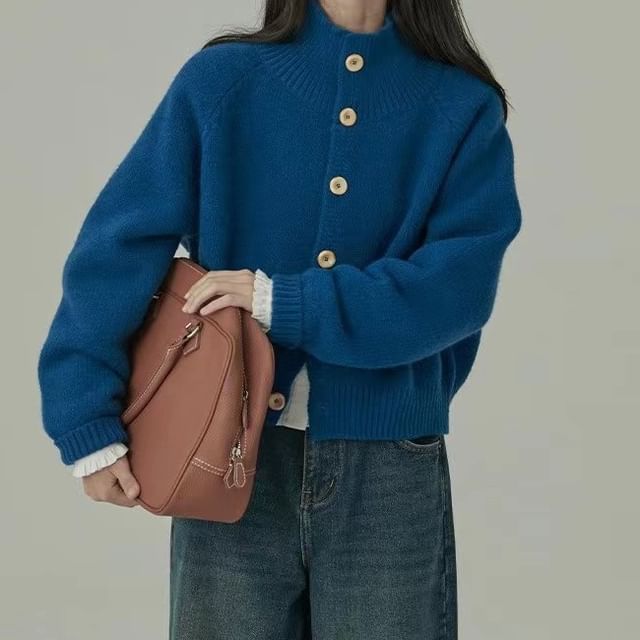 Mock Neck Plain Button Cardigan