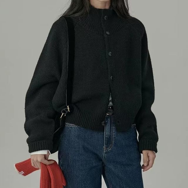 Mock Neck Plain Button Cardigan