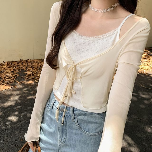 Long Sleeve Tie Front Light Cropped Knit