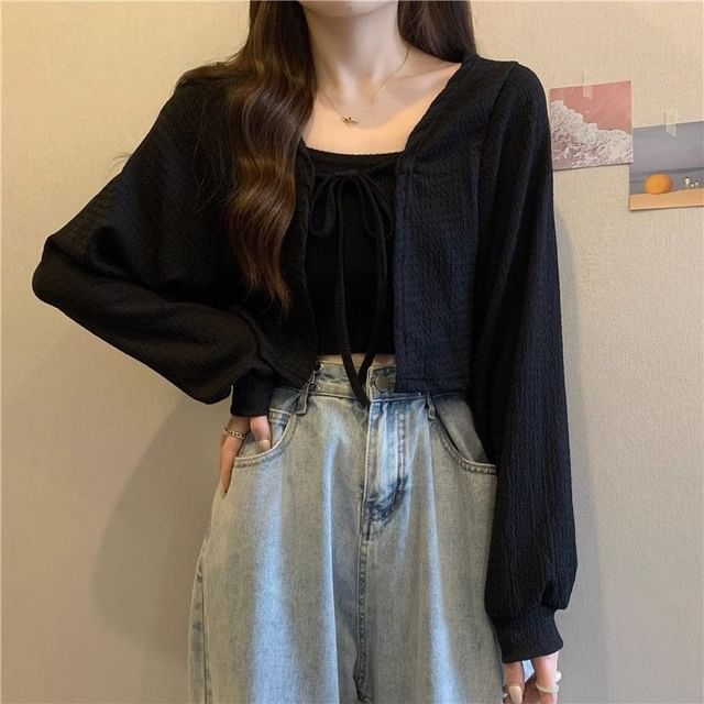 Cropped Open Front Lightweight Knit Jacket
