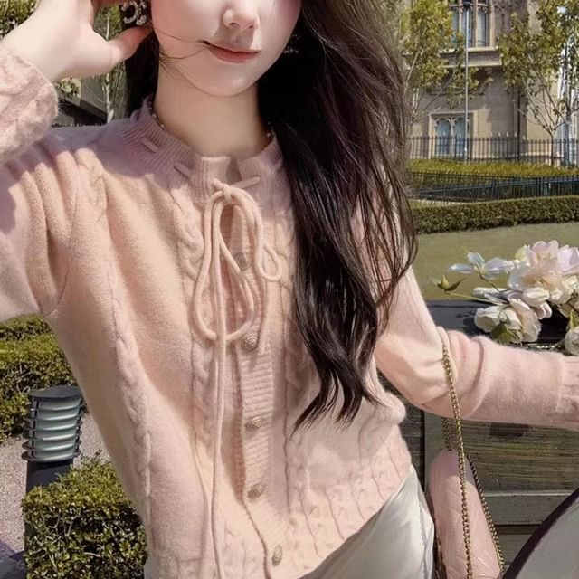 Cable Knit Tie Front Round Neck Cardigan