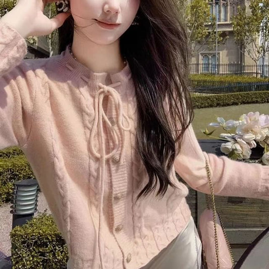 Cable Knit Tie Front Round Neck Cardigan