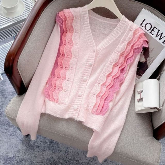 Color Block V-Neck Panel Cardigan