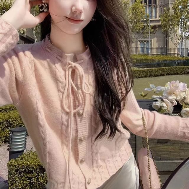 Cable Knit Tie Front Round Neck Cardigan
