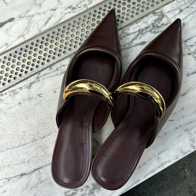 Chunky Heel Pointed Toe Metal Accent Faux Leather Mules