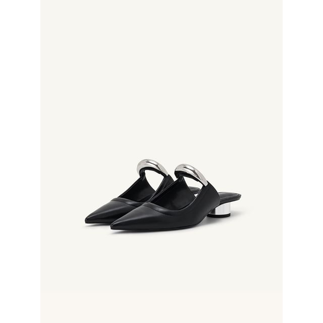 Chunky Heel Pointed Toe Metal Accent Faux Leather Mules
