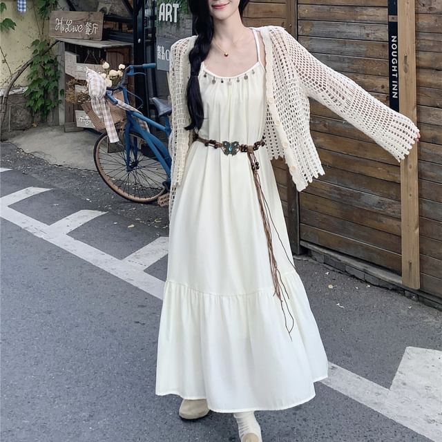 Fringed Midi A-Line Dress & Perforated Cardigan Set with Belt