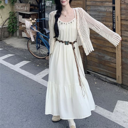 Fringed Midi A-Line Dress & Perforated Cardigan Set with Belt