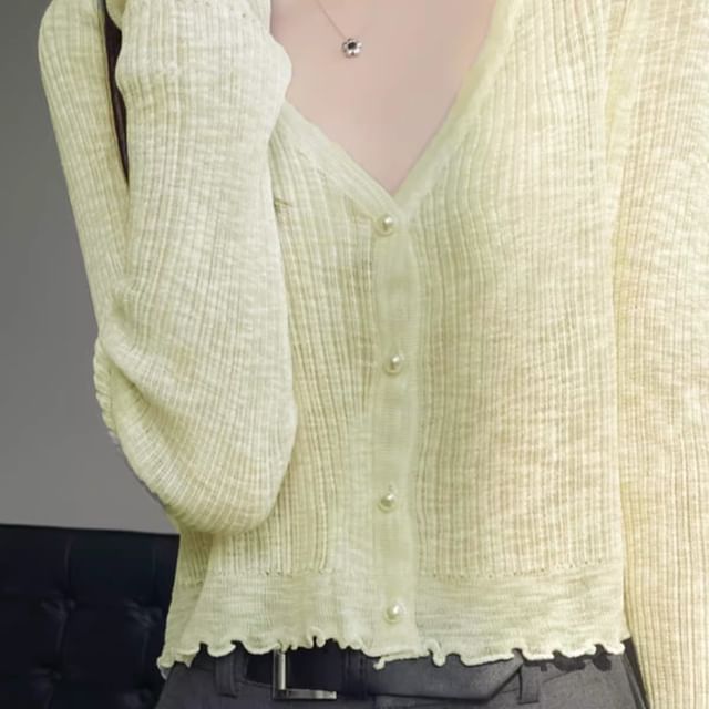 Ribbed Faux Pearl Button V-Neck Cardigan