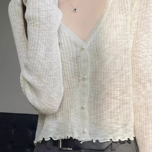 Ribbed Faux Pearl Button V-Neck Cardigan