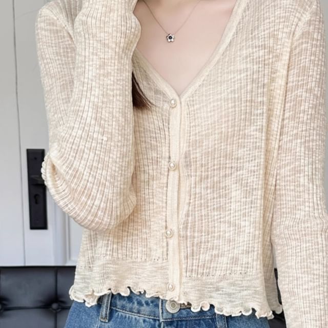Ribbed Faux Pearl Button V-Neck Cardigan