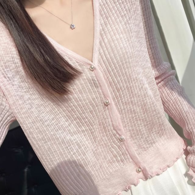 Ribbed Faux Pearl Button V-Neck Cardigan