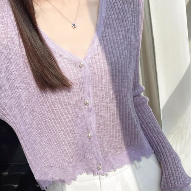 Ribbed Faux Pearl Button V-Neck Cardigan