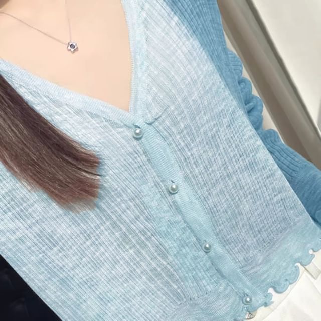 Ribbed Faux Pearl Button V-Neck Cardigan