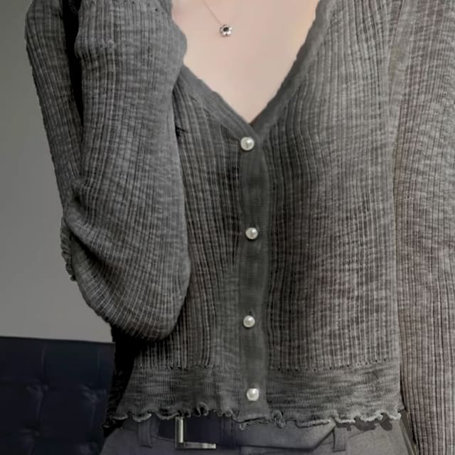 Ribbed Faux Pearl Button V-Neck Cardigan