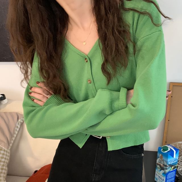 V-Neck Plain Crop Cardigan
