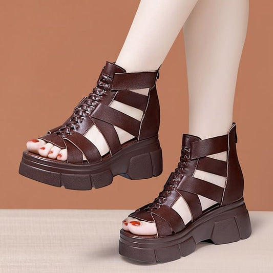 Platform Plain Woven Genuine Leather Gladiator Sandals