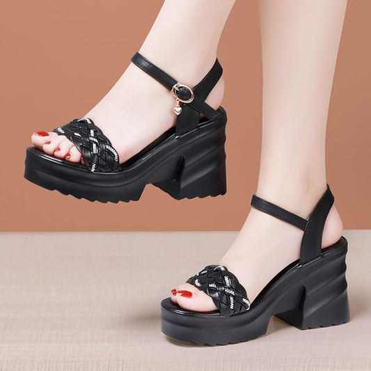 Chunky Heel Ankle Strap Rhinestone Woven Faux Leather Sandals