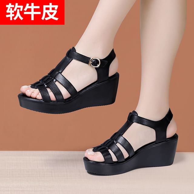 Platform Wedge Plain Genuine Leather Gladiator Sandals