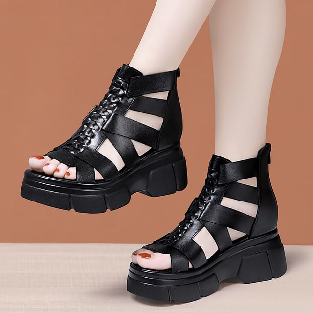 Platform Plain Woven Genuine Leather Gladiator Sandals