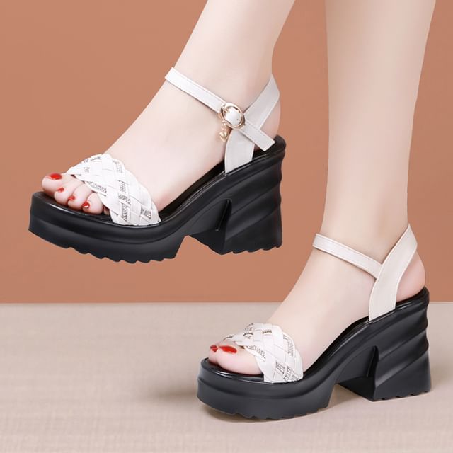 Chunky Heel Ankle Strap Rhinestone Woven Faux Leather Sandals