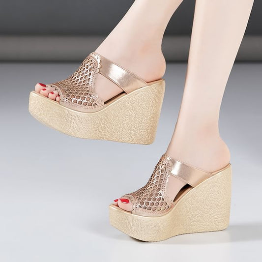 Platform Wedge Plain Perforated Faux Leather Sandals