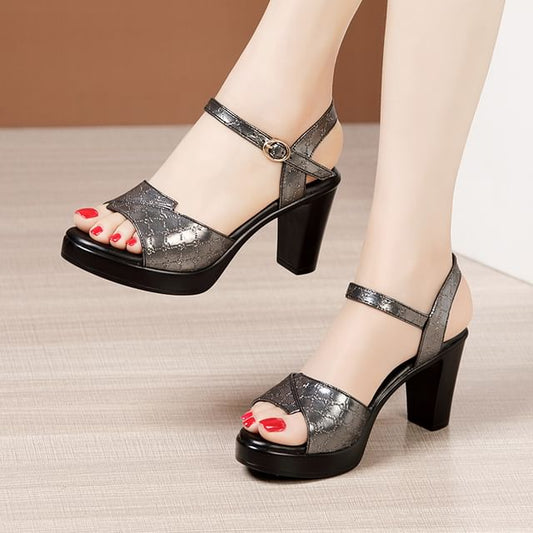 Chunky Heel Ankle Strap Shiny Faux Leather Sandals