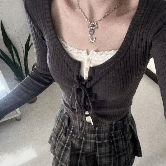 Henley Lace Trim Cami & Tie Front Cardigan & Plaid Skirt Set