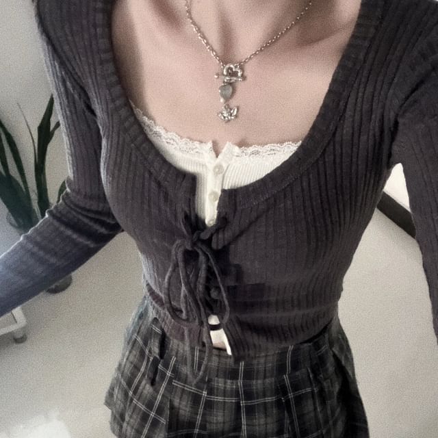 Henley Lace Trim Cami & Tie Front Cardigan & Plaid Skirt Set